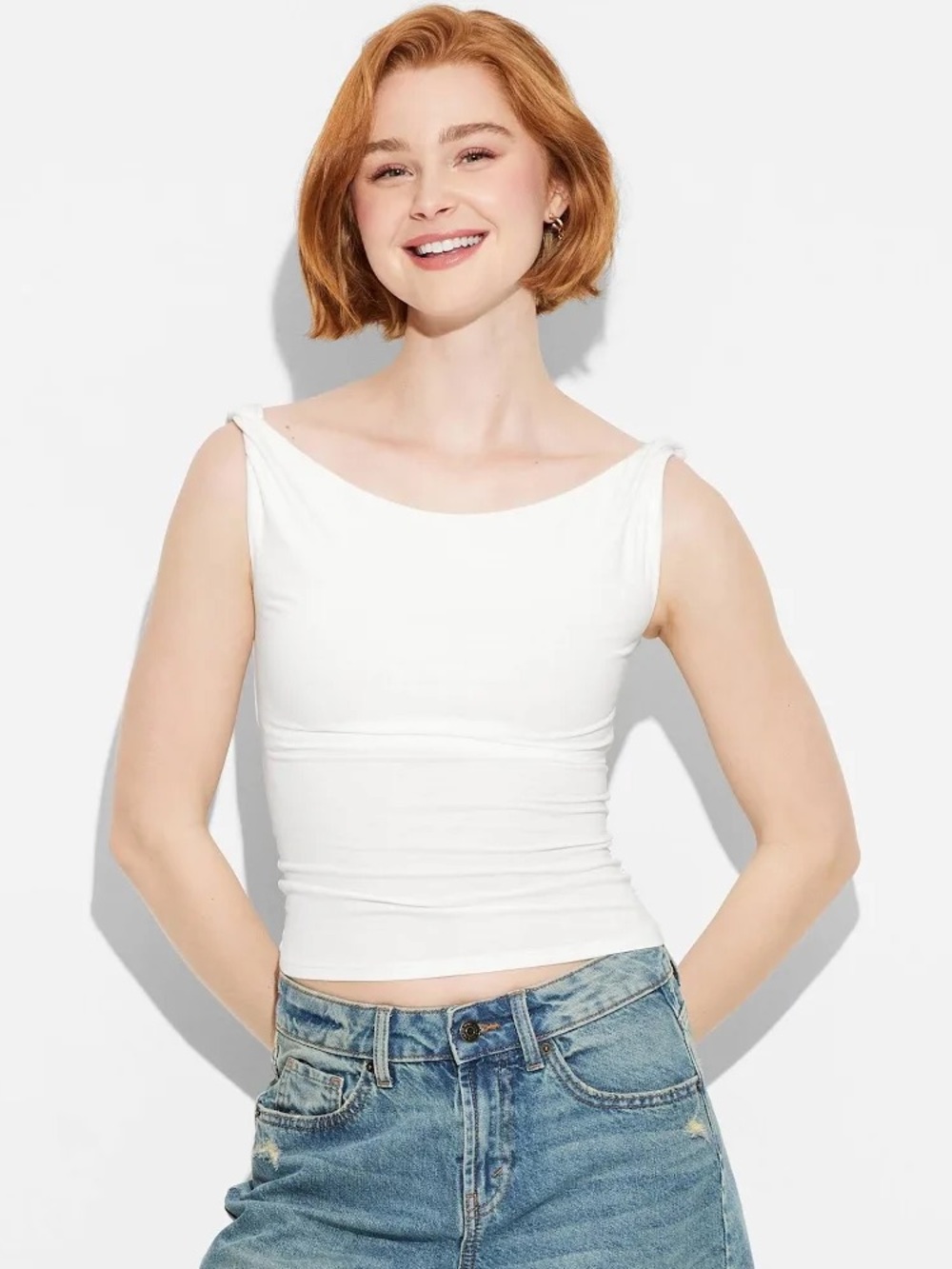 Wild Fable - Women’s Fitted White Off-Shoulder Twist Knit Tank Top